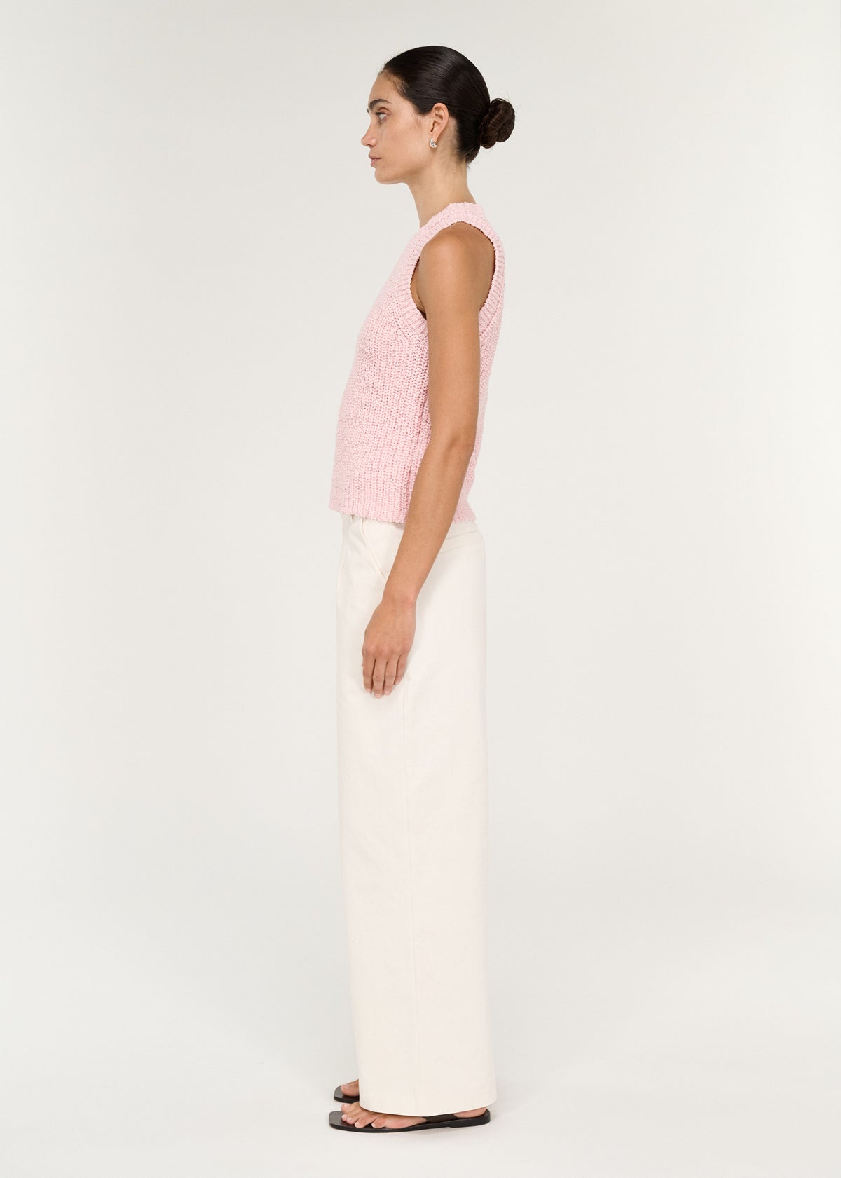 Side view of the Cotton Blend Knit Tank in Soft Pink, showing a hip length and an easy layering piece.