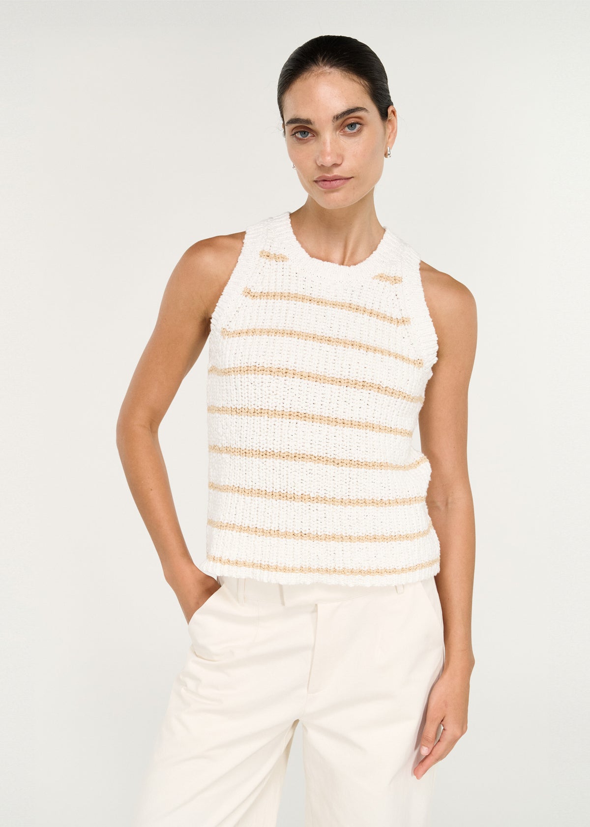 Close-up of the Cotton Blend Stripe Knit Tank in White, showing a sleeveless silhouette and a round neckline.