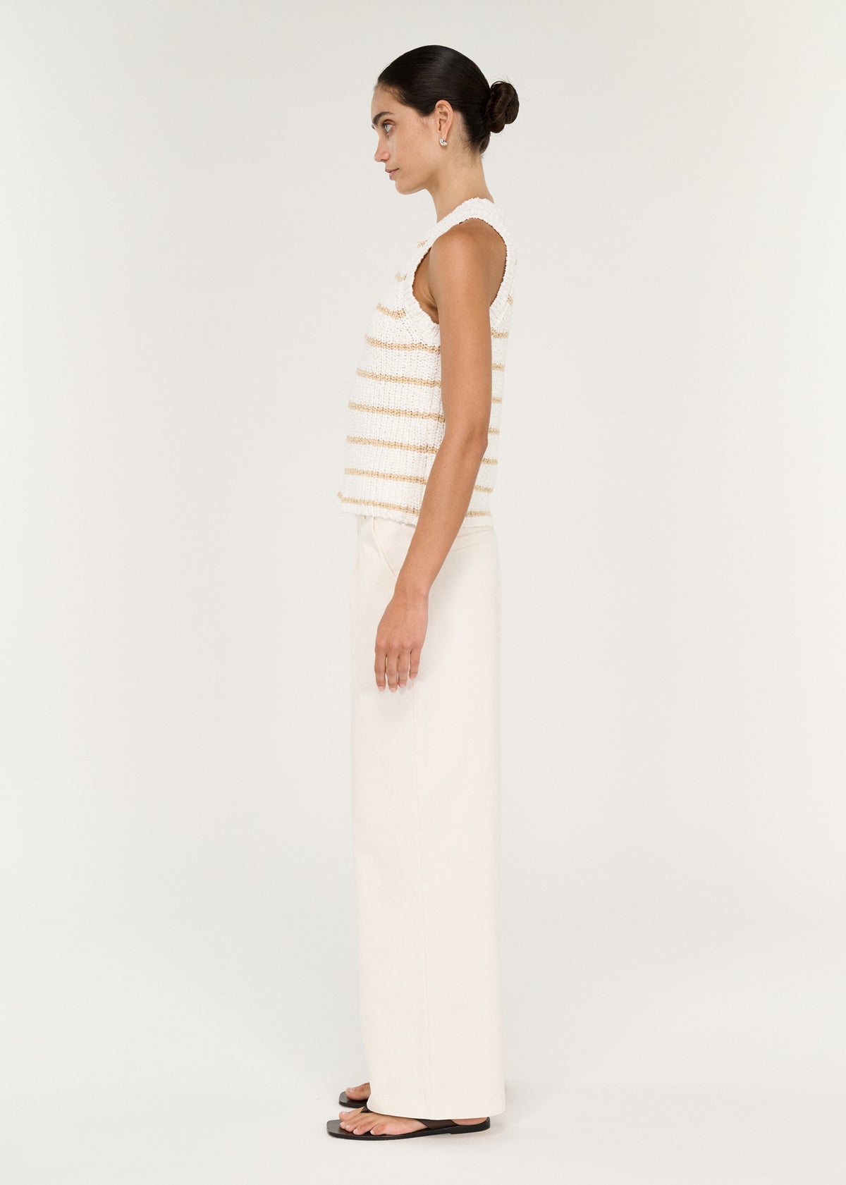 Side view of the Cotton Blend Stripe Knit Tank in White, showing a relaxed straight fit and an open knit texture.