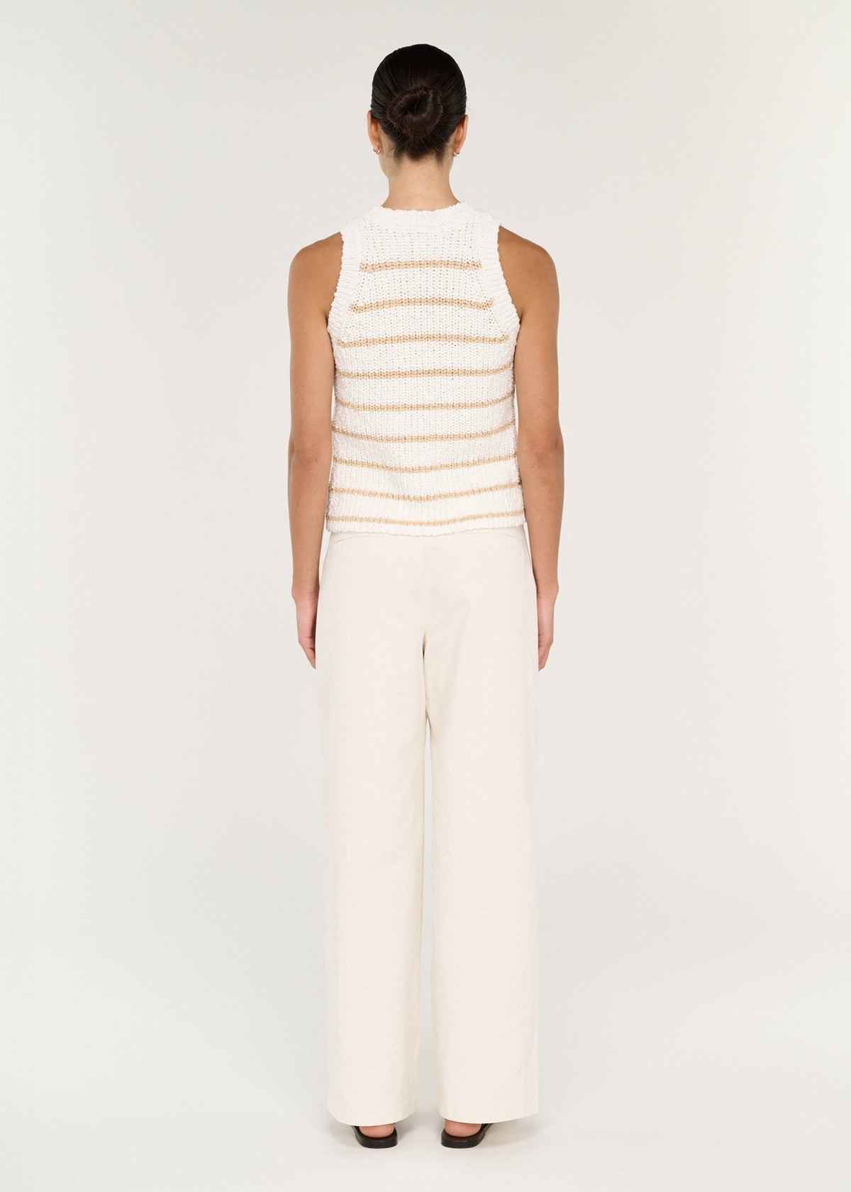 Back view of the Cotton Blend Stripe Knit Tank in White with an open knit texture and a textured knit fabrication.