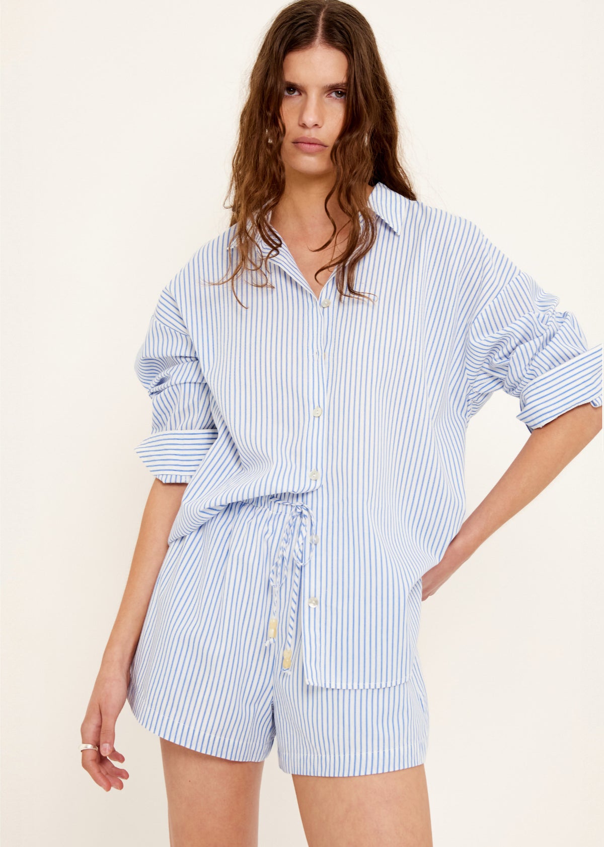Close-up of Cotton Blue and White Oversized Shirt with a button-through front.