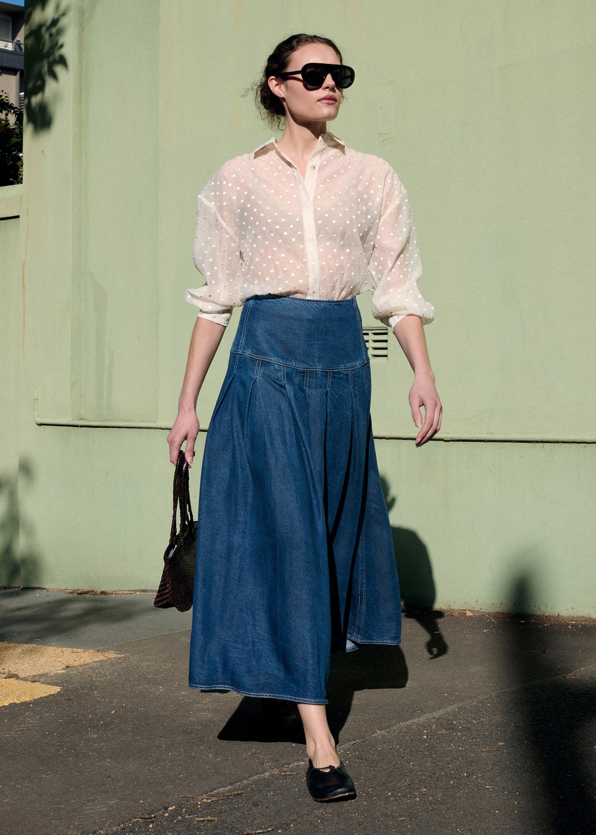 Model wearing Cream Embroidered Spot Sheer Oversized Shirt, showing a classic collar and a button-through front.