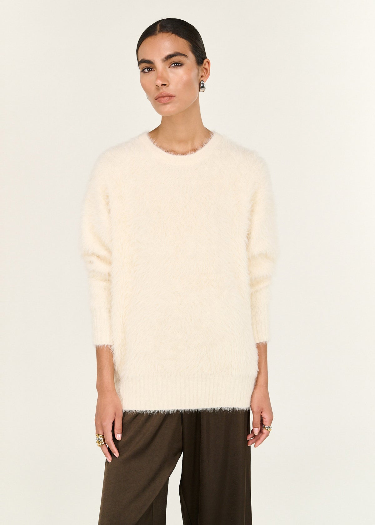Close-up of the Cream Fluffy Oversized Jumper, showing a crew neckline and dropped shoulders.