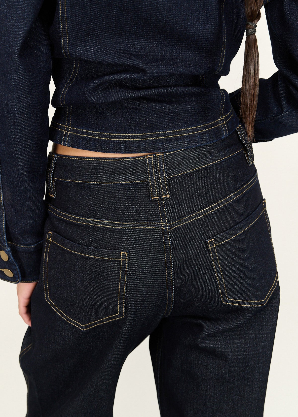 Close-up detail of the Dark Wash Straight Leg Jeans, showing back yoke and pockets.