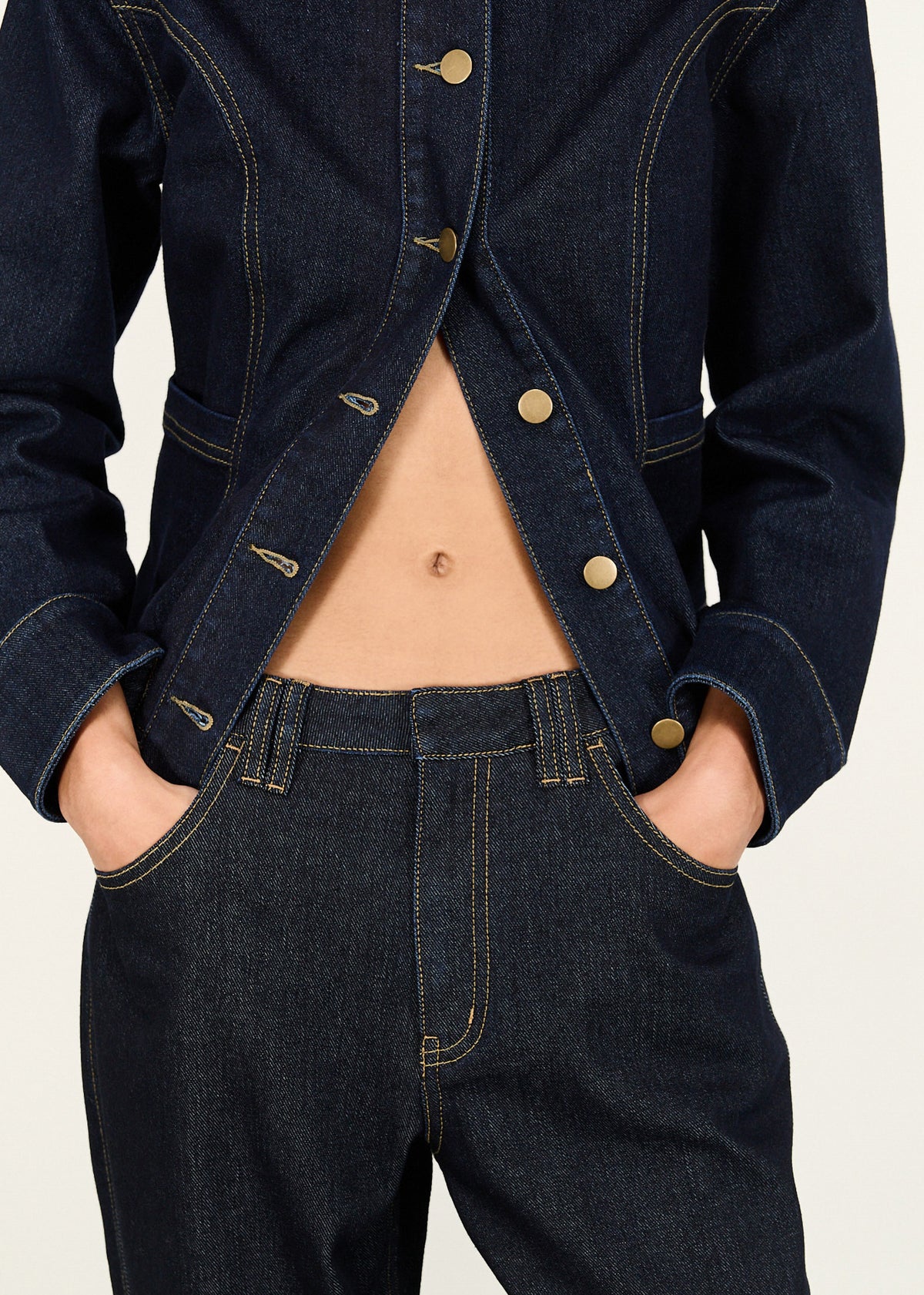 Close-up detail of the Dark Wash Straight Leg Jeans, showing waistband.