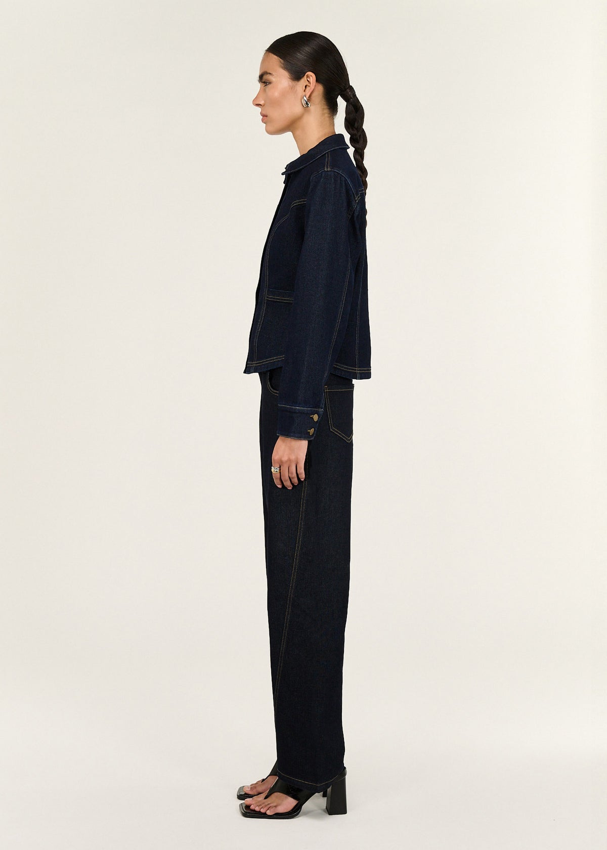 Side profile of the Dark Wash Straight Leg Jeans with a dark indigo wash and a structured denim feel.