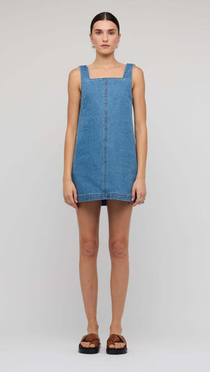 Denim Square Neck Mini Dress showcased on a model, perfect for summer with a relaxed A-line silhouette.