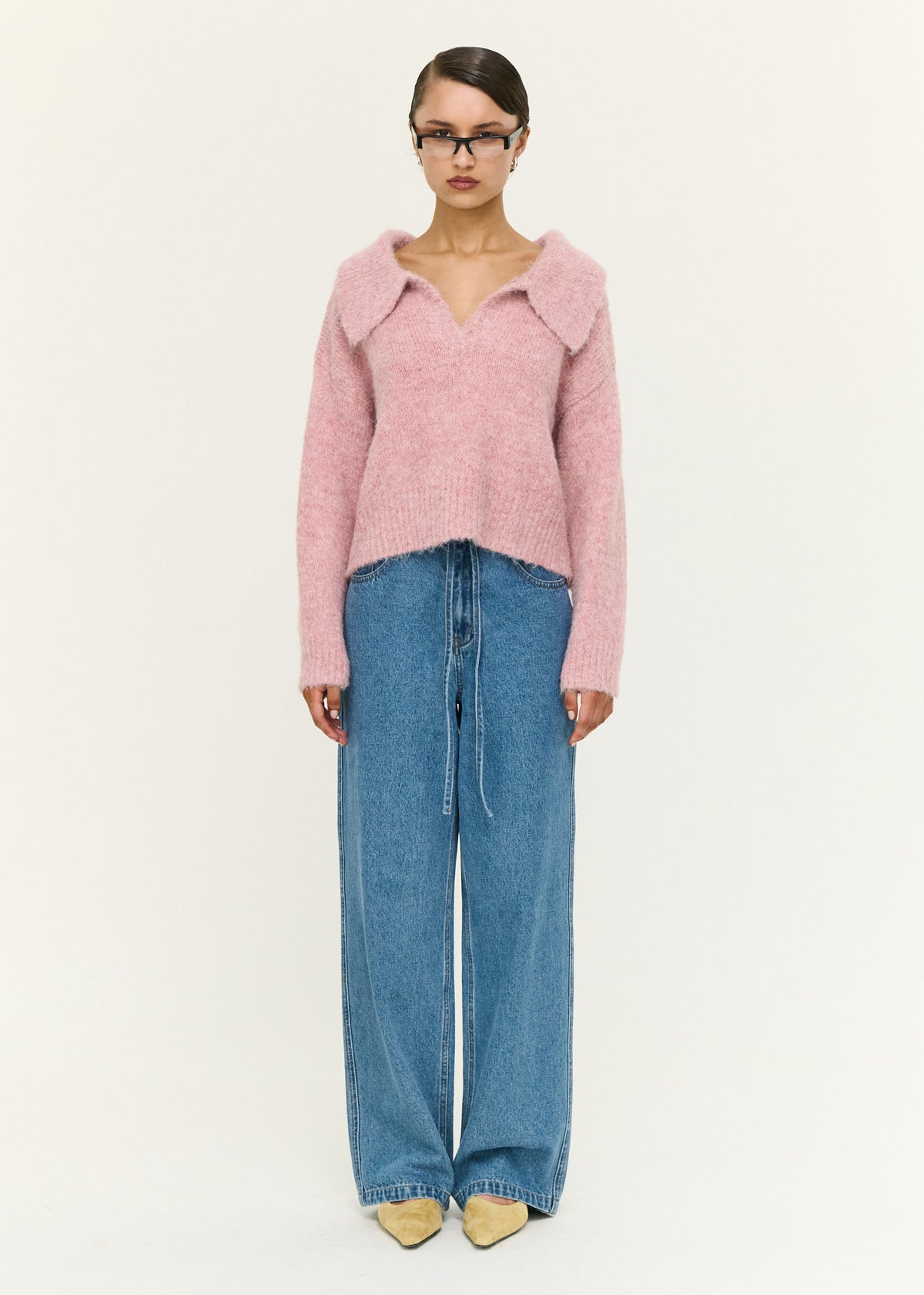 Model wearing Dusky Pink Fluffy Knit Polo Jumper with an oversized polo collar and an open neckline detail.
