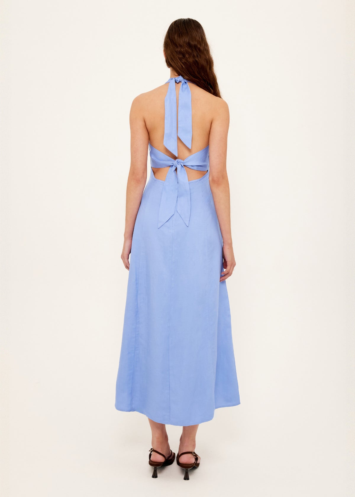Back view of the Jacaranda Tencel Linen Blend Halter Midi Dress with a halter neckline with tie fastening.