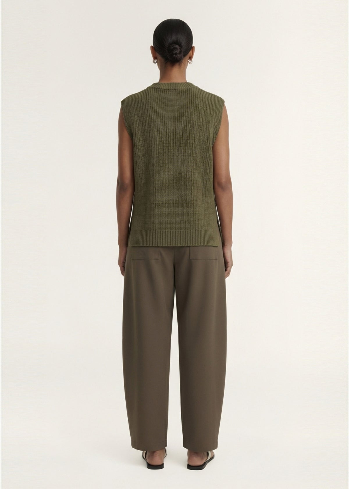 Back view of the Khaki Cotton Blend Knit Tank Top with a textured rib knit fabrication and a sleeveless silhouette.