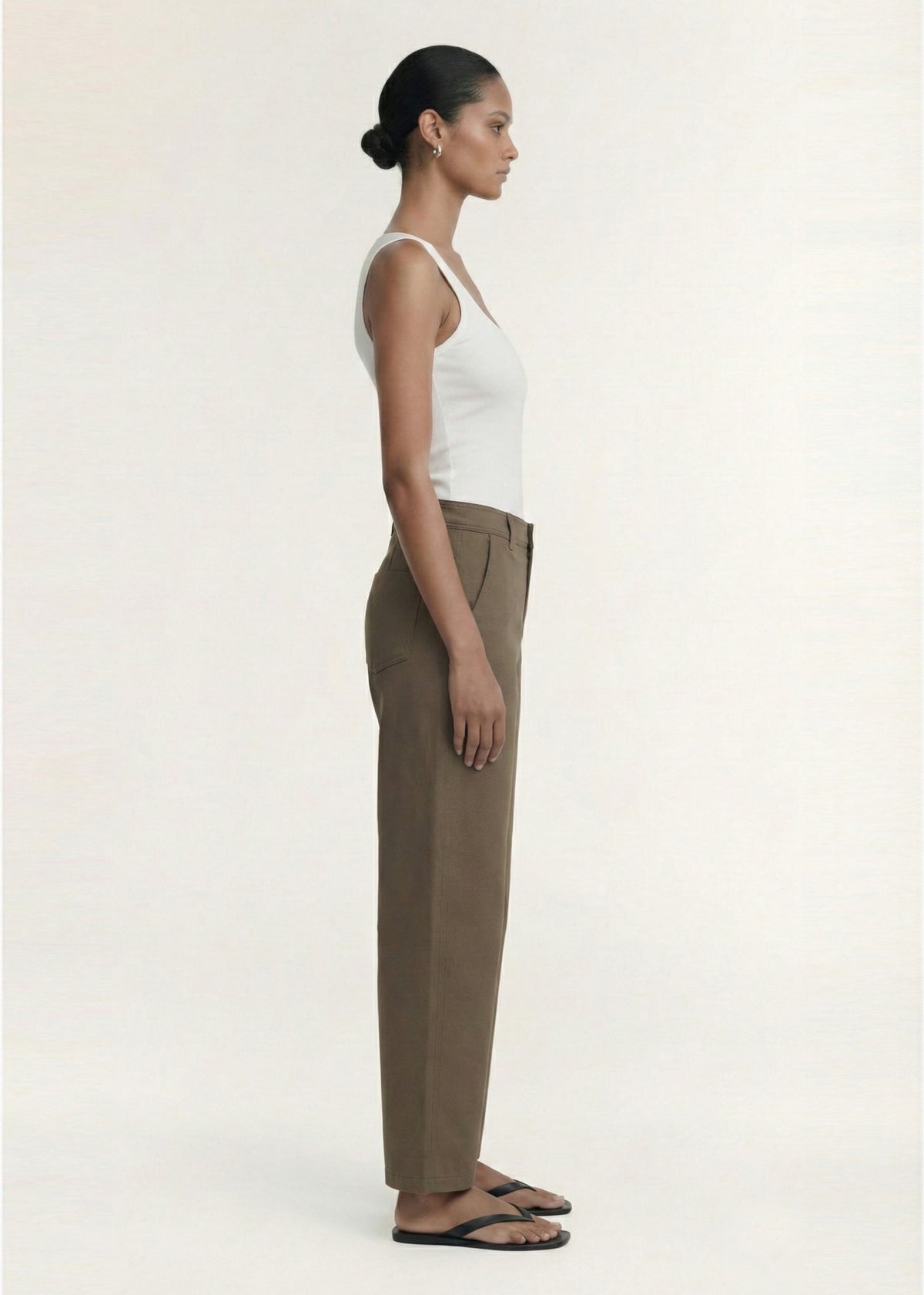 Side view of the Khaki Structured Barrel Leg Pant, showing a clean tailored finish and a designed.