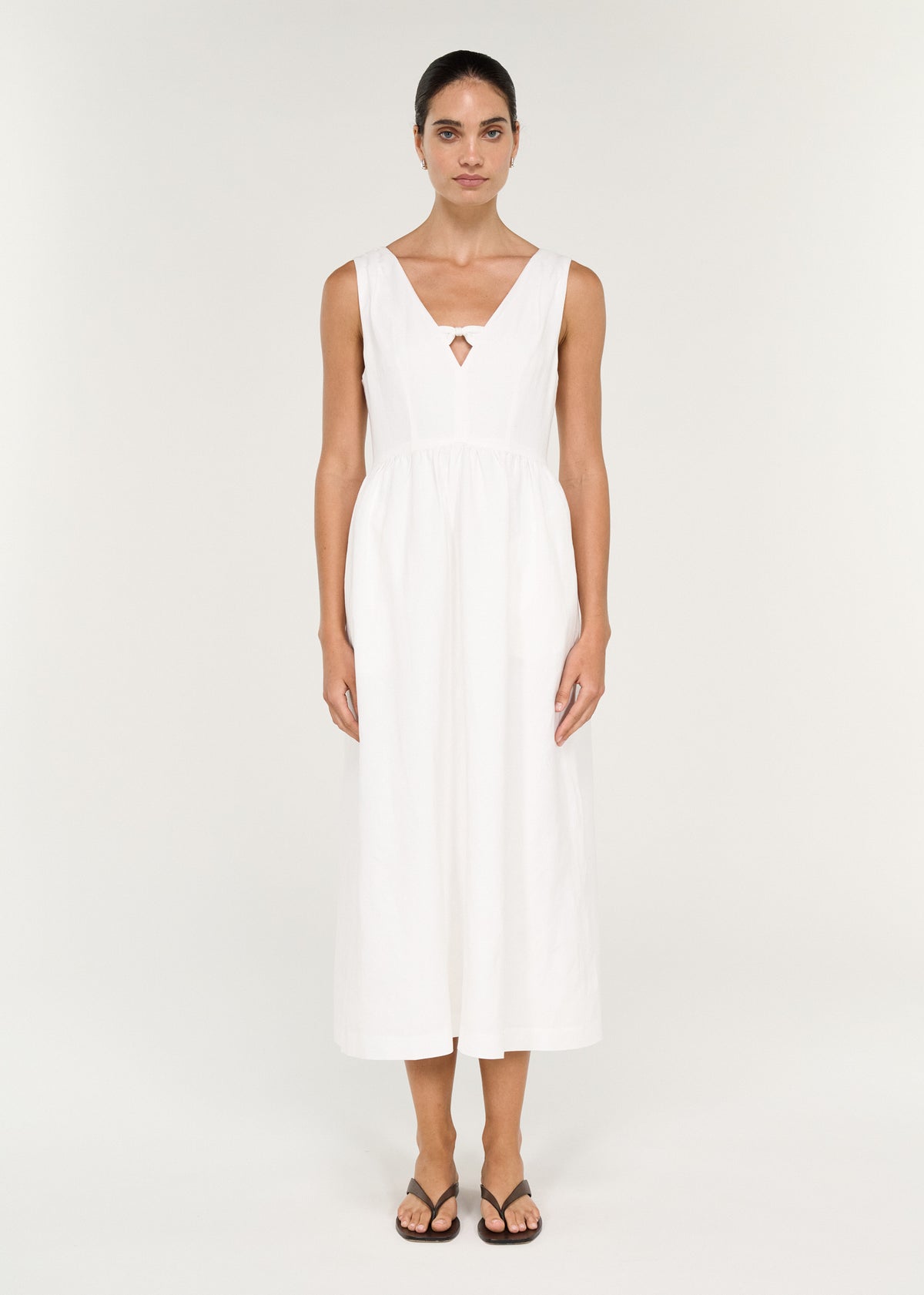 Linen Blend Keyhole Midi Dress in White featuring fitted bodice and gathered skirt with pockets.