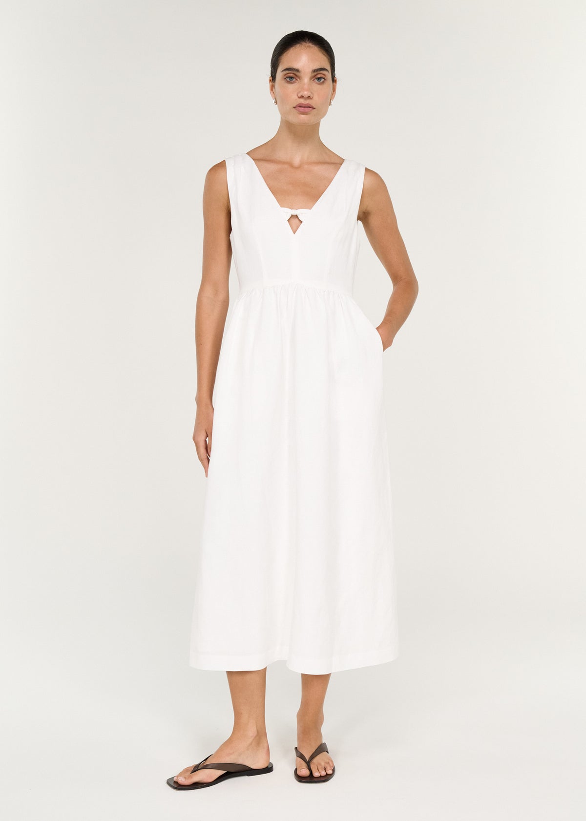 Linen Blend Keyhole Midi Dress in White featuring V-neckline, tie-front detail, and gathered skirt with pockets.