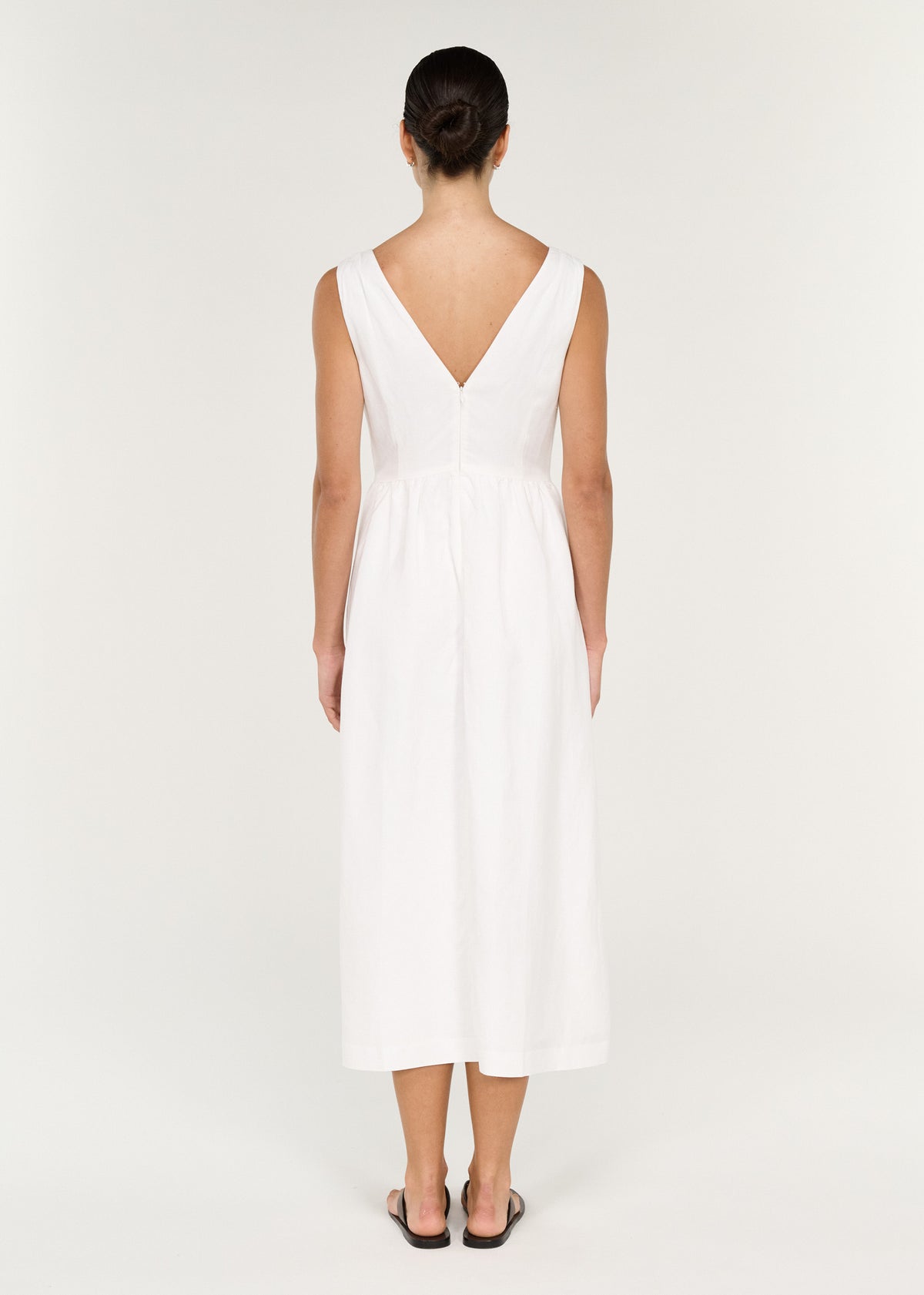 Back view of the Lilia Midi Dress with broad shoulder straps and a crisp lightweight cotton-look woven.