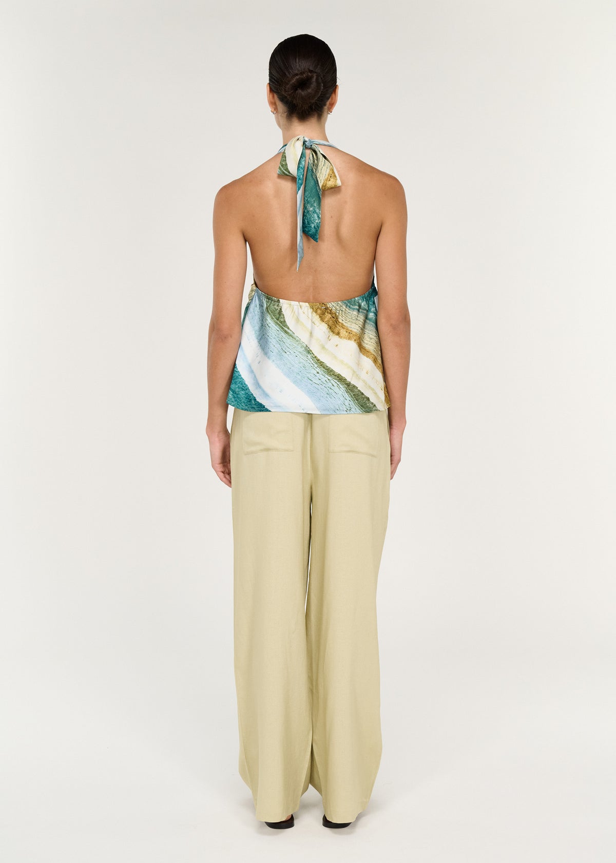 Back view of the Lunel Relaxed Pant with an elasticated waist with drawstring tie.