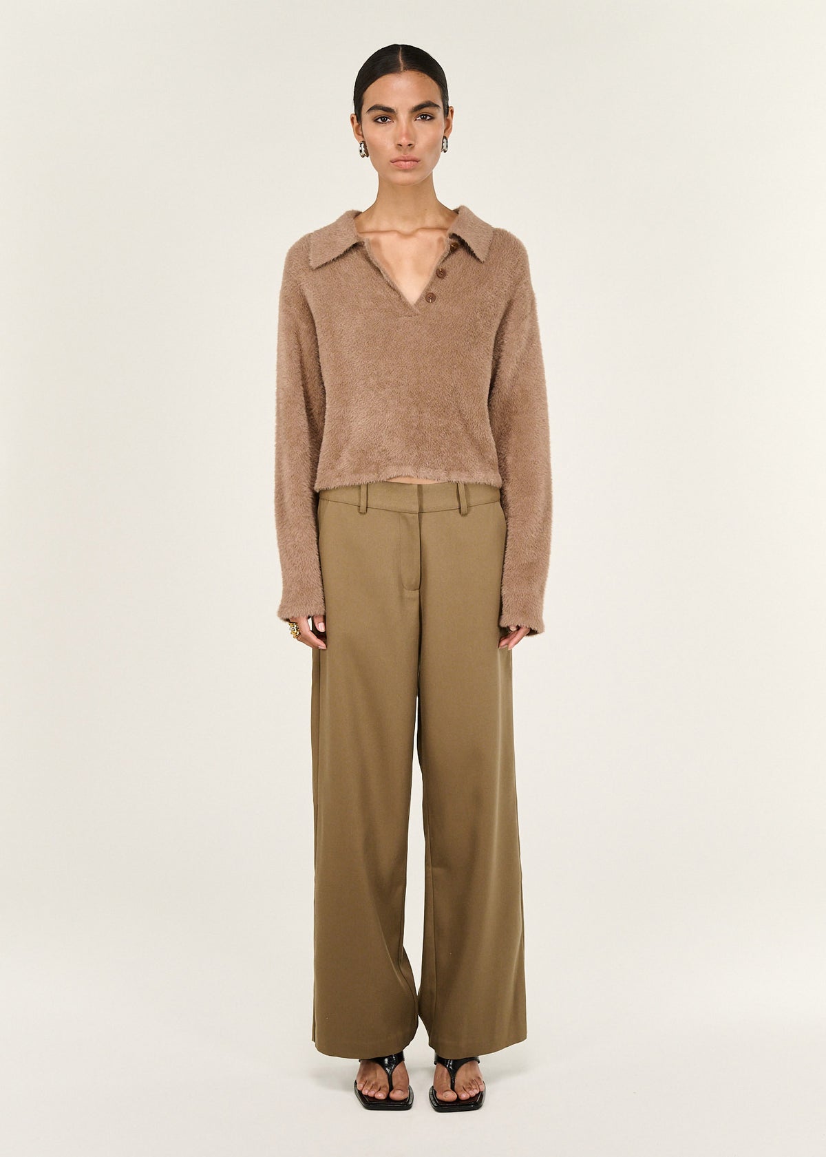 Model wearing Mocha Fluffy Knit Polo Jumper, showing a slight cropped length and a relaxed fit silhouette.