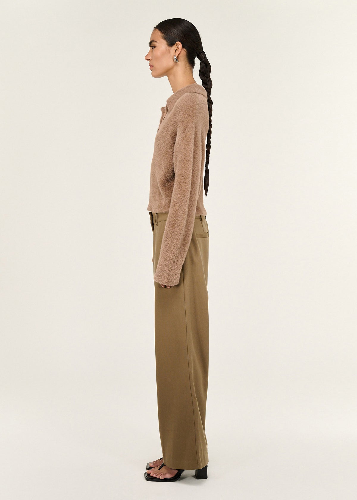 Side view of the Mocha Fluffy Knit Polo Jumper, showing a soft fluffy knit texture and a button placket.