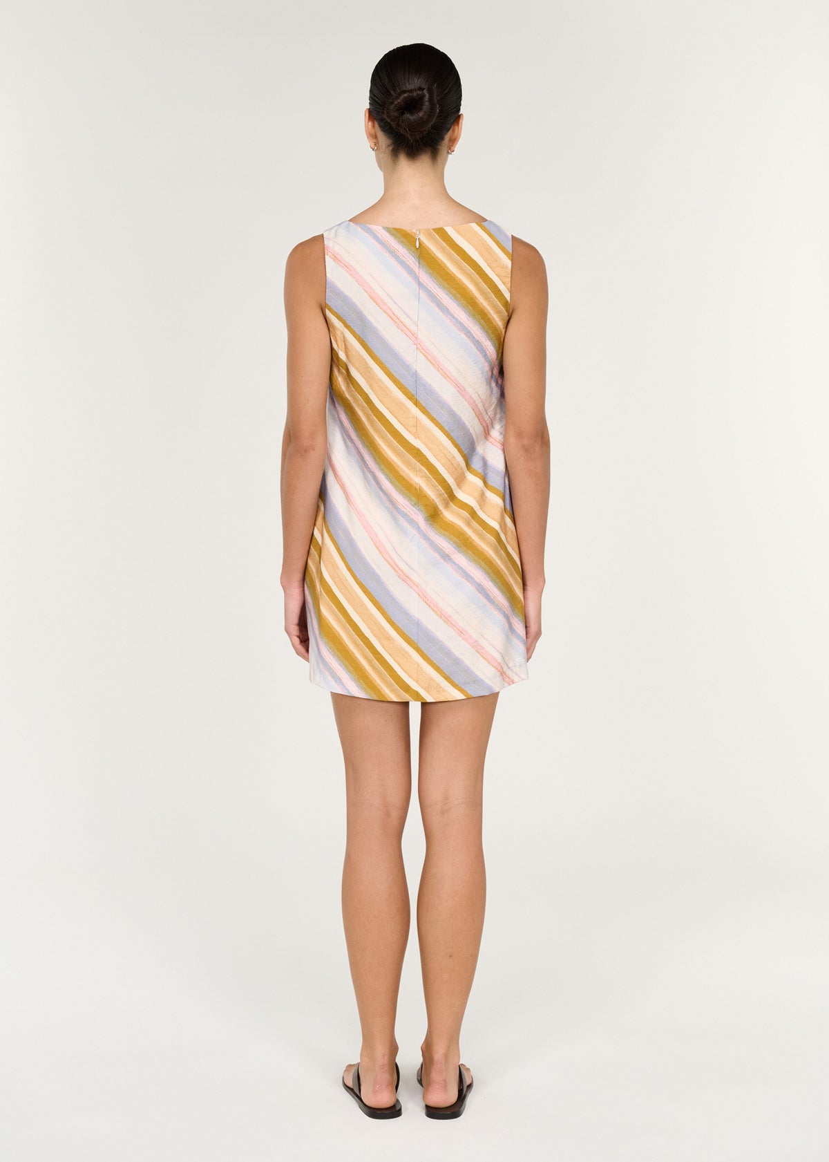 Back view of the Pastel Stripe Square Neck Mini Dress with wide shoulder straps and a centre back zip closure.