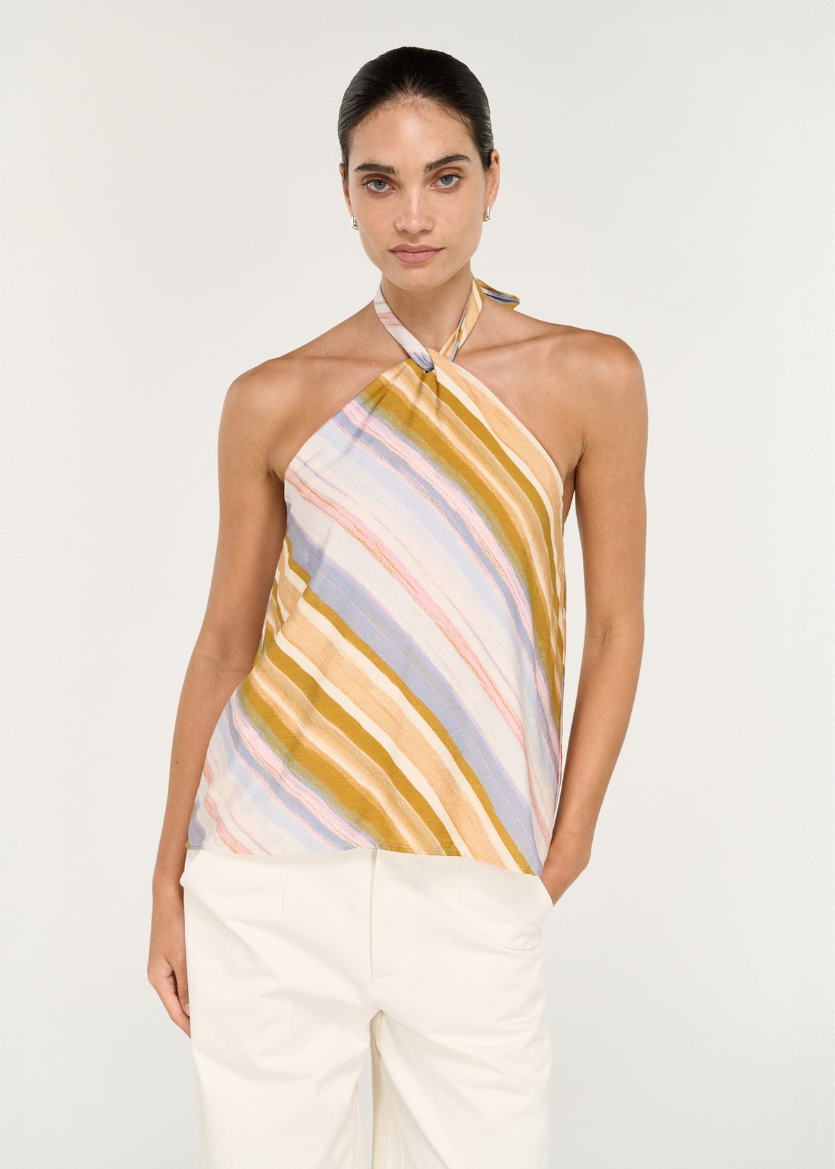 Close-up of the Pastel Stripe Twist Detail Halter Top, showing a halter neckline and a twisted front neck detail.