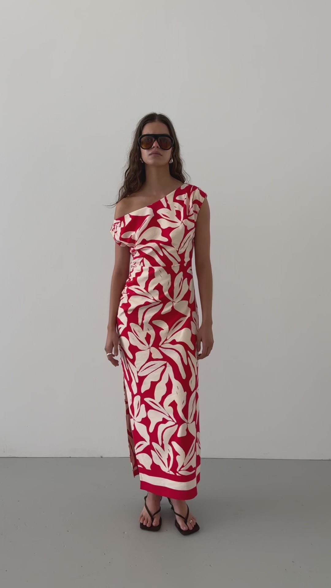 Cotton Red Floral Off-Shoulder Midi Dress