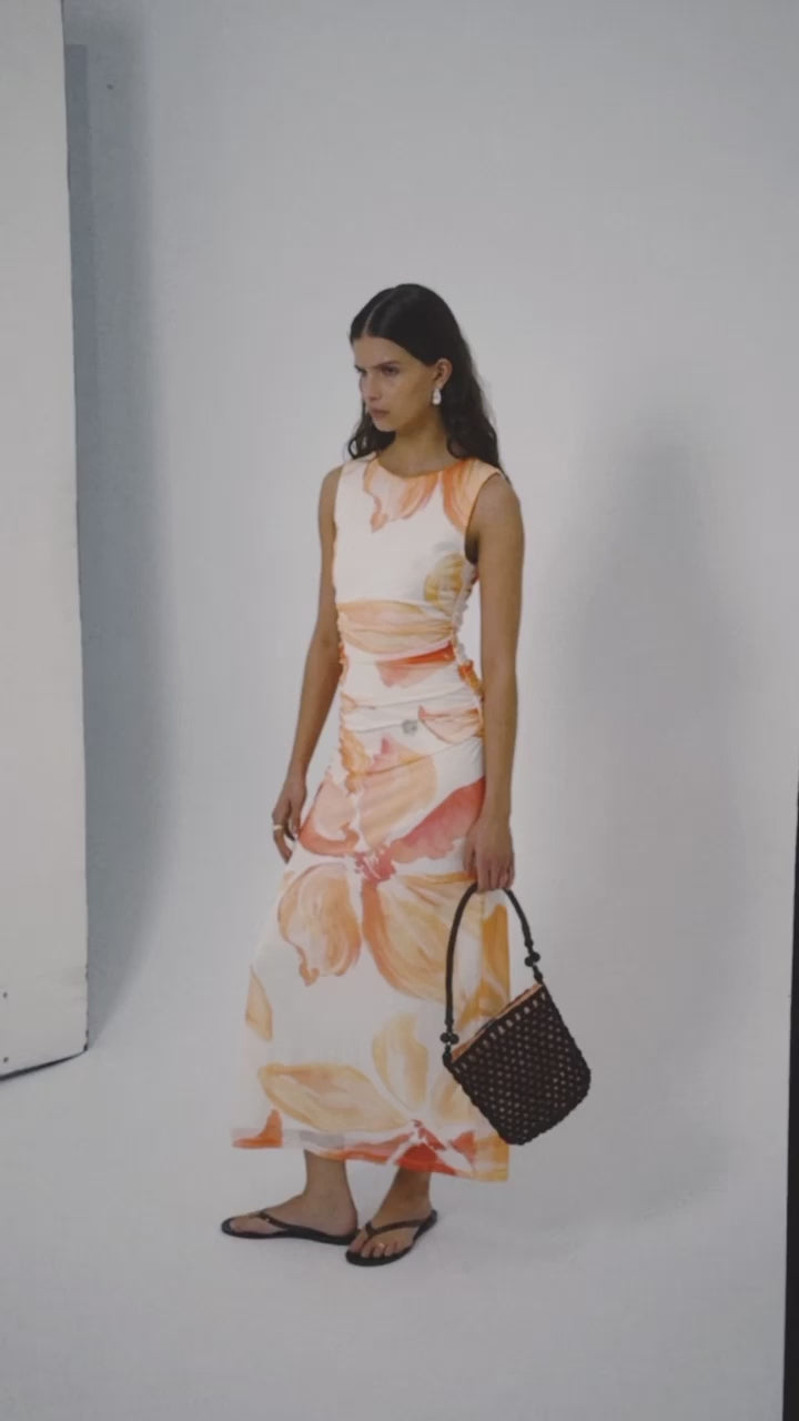 Orange Floral Mesh Midi Dress