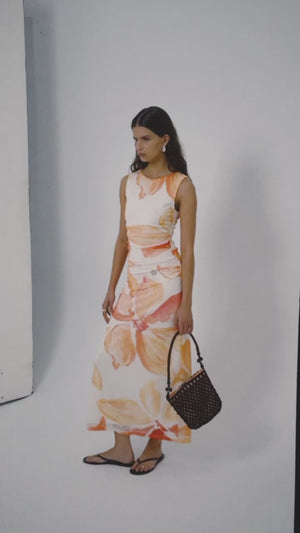 Orange Floral Mesh Midi Dress