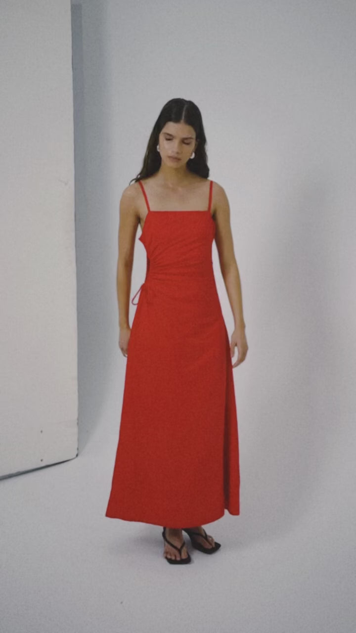 Red linen square neck waist cut-out maxi dress