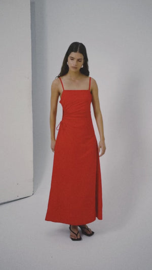 Red linen square neck waist cut-out maxi dress