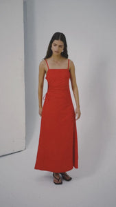 Red linen square neck waist cut-out maxi dress