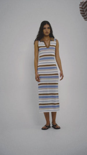 Striped Knit Midi Dress modeled by a woman, featuring a V-neckline and a soft, breathable knit in blue, chocolate, and cream stripes.