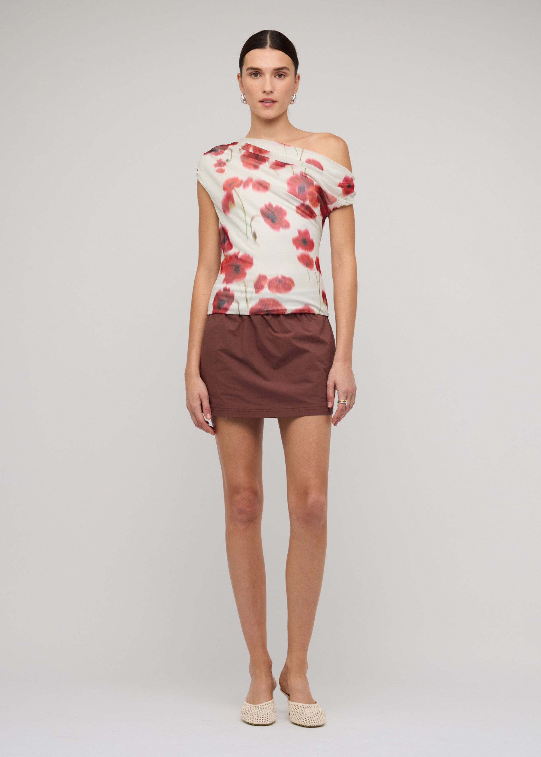 Red & White Poppy Print Off-Shoulder Mesh Top - The Lumi