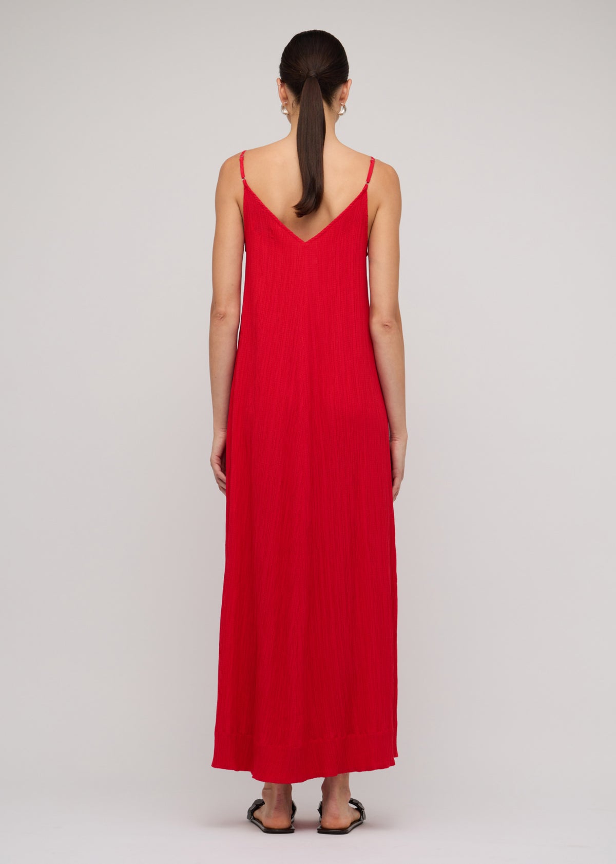 Back view of the Red Crepe V-Neck Floaty Maxi Dress with slim adjustable straps.