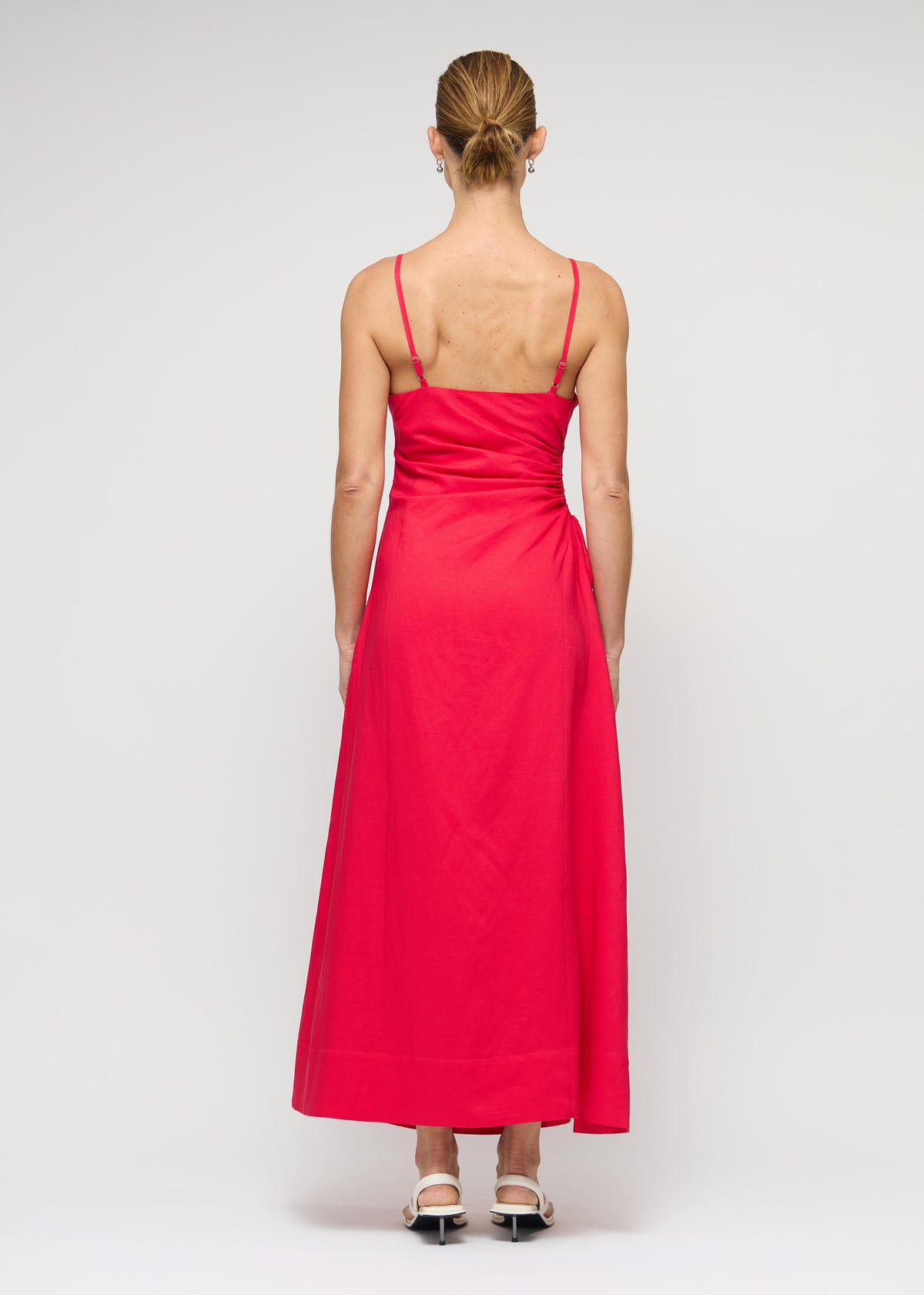 Back view of the Red Linen Blend Cut-Out Maxi Dress with square neckline with thin straps.