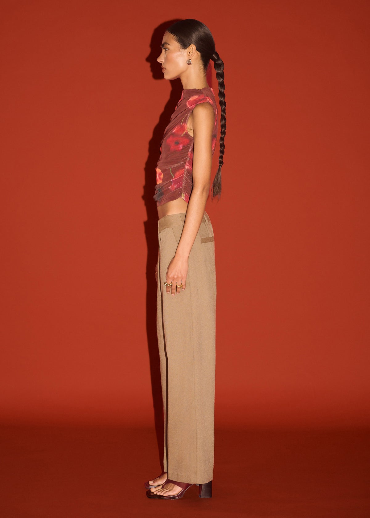 Side view of the Red Poppy Print Mesh Tank, showing a stretch mesh fabrication and a high neckline silhouette.
