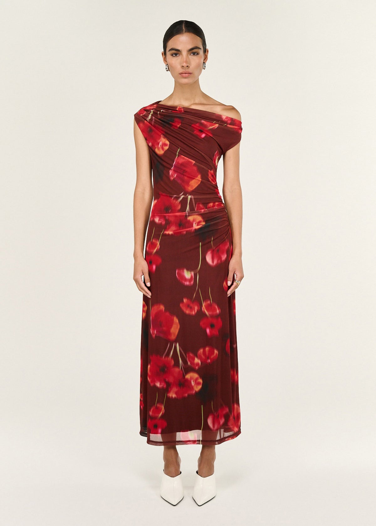 Model wearing Red Poppy Print Off Shoulder Mesh Midi Dress with an asymmetric off-shoulder neckline and a draped bodice with soft ruching.
