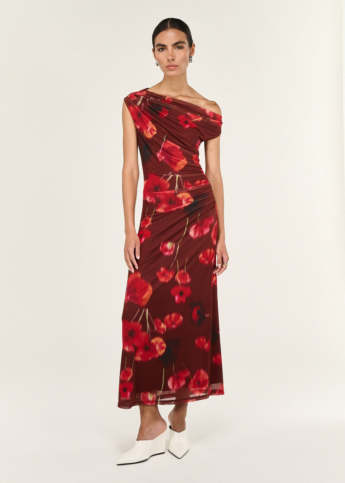 Model wearing Red Poppy Print Off Shoulder Mesh Midi Dress, showing a sheer mesh overlay with lining and a midi length silhouette.
