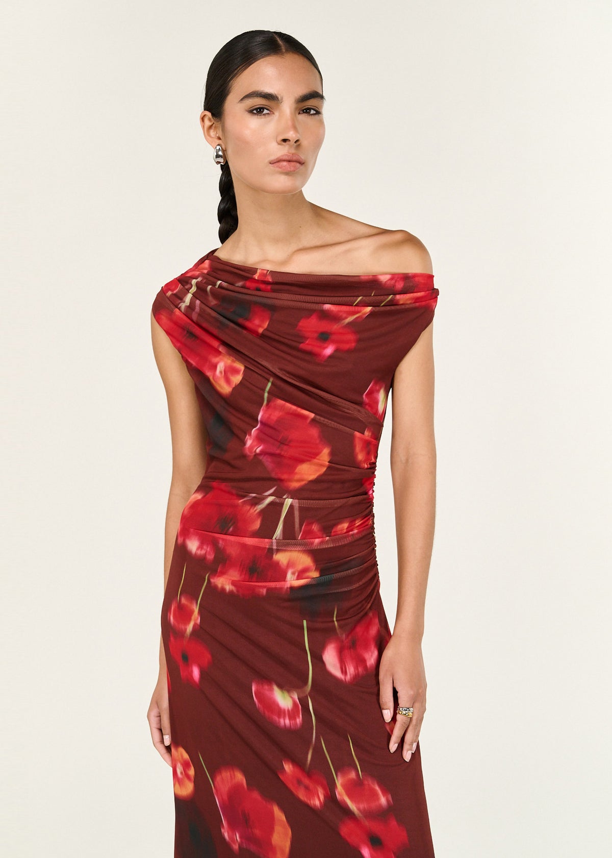 Close-up of the Red Poppy Print Off Shoulder Mesh Midi Dress, showing an asymmetric off-shoulder neckline.