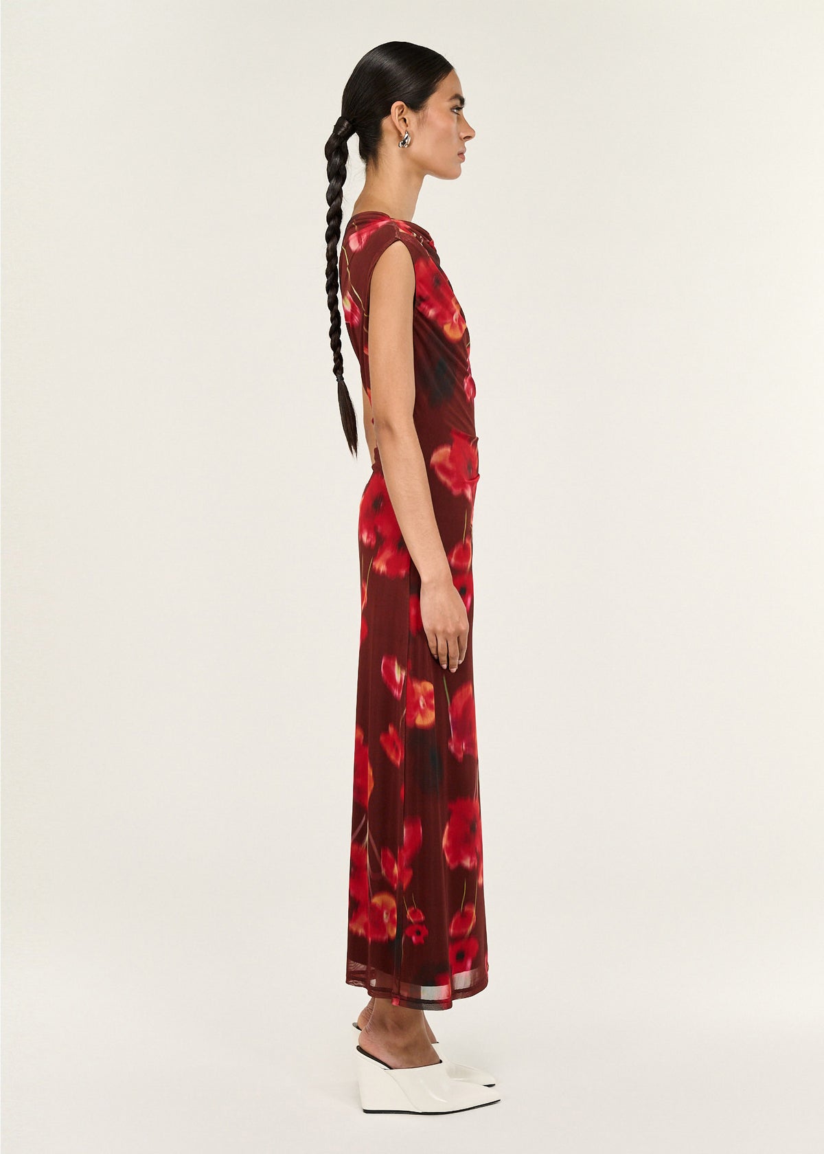Side view of the Red Poppy Print Off Shoulder Mesh Midi Dress, showing a draped bodice with soft ruching.