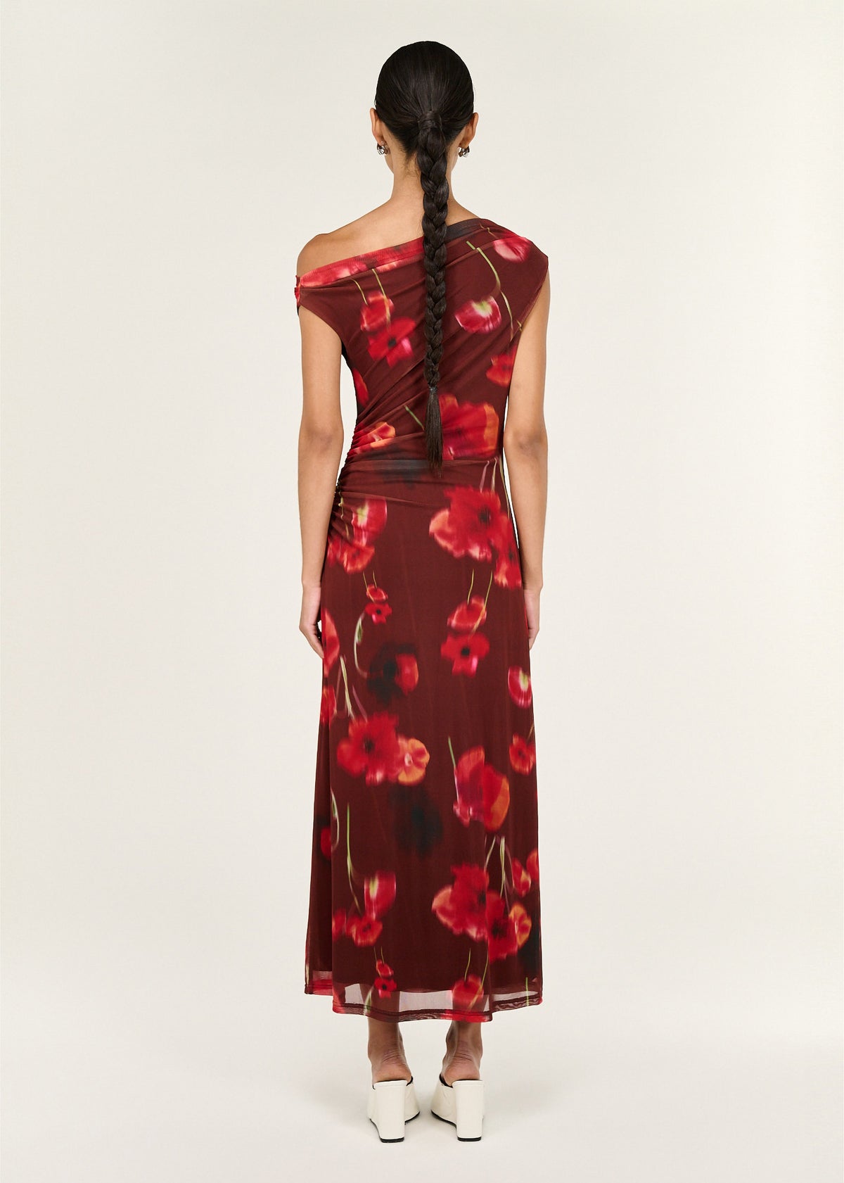 Back view of the Red Poppy Print Off Shoulder Mesh Midi Dress with an asymmetric off-shoulder neckline.
