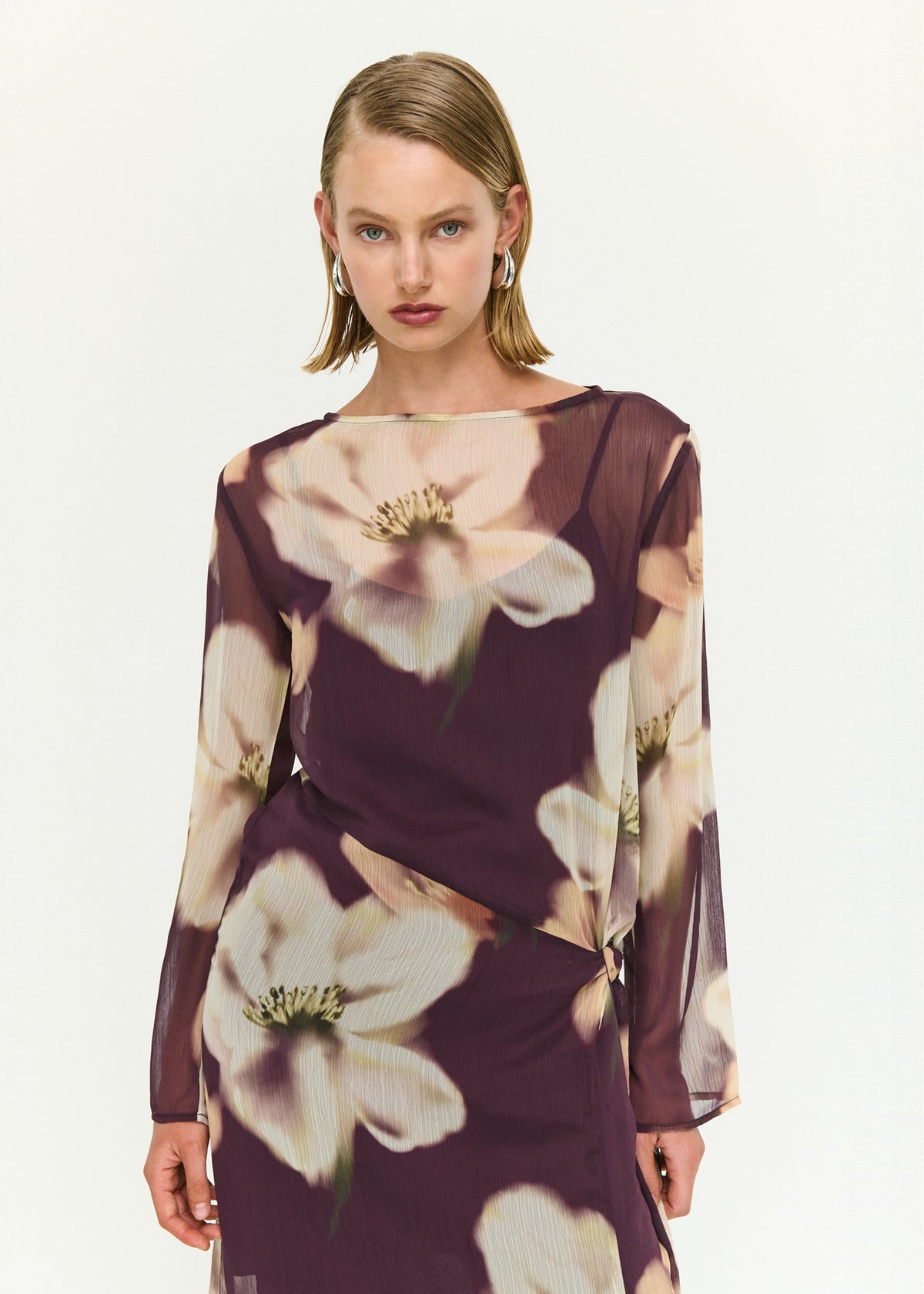 Close-up of the Sheer Floral Maxi Dress with Tie Detail, showing a round neckline and long sleeves.