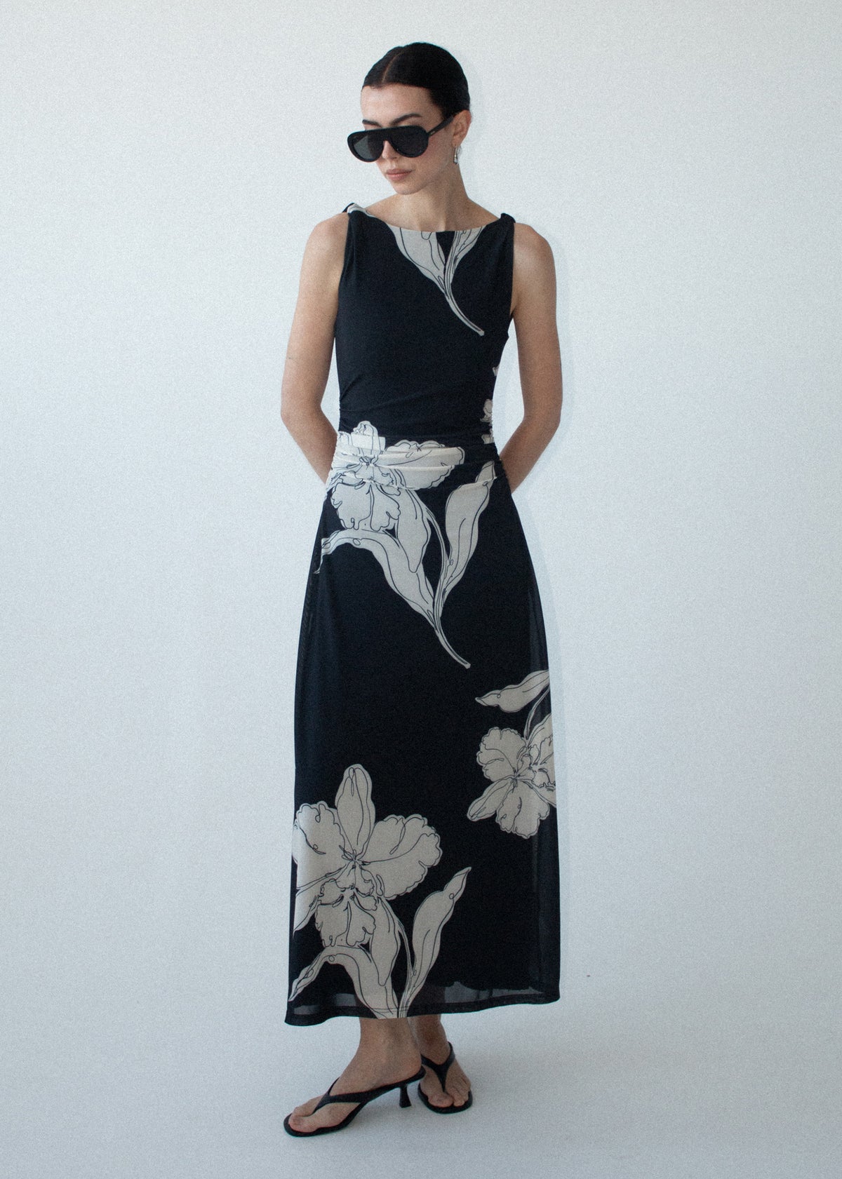Model wearing Sketched Floral Mesh Midi Dress with a lightweight mesh finish and a printed stretch mesh fabrication.
