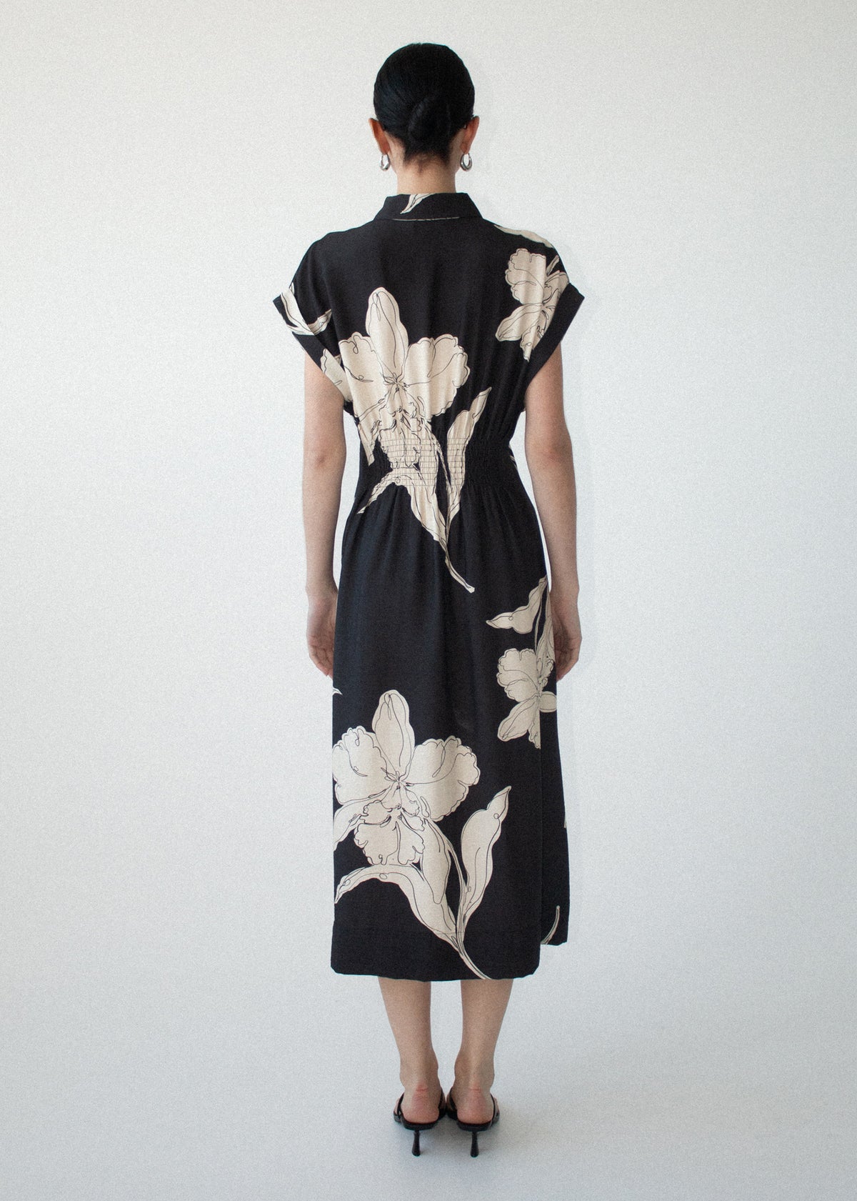 Back view of the Sketched Floral Midi Shirt Dress with a concealed button front closure and a shirred back panel.