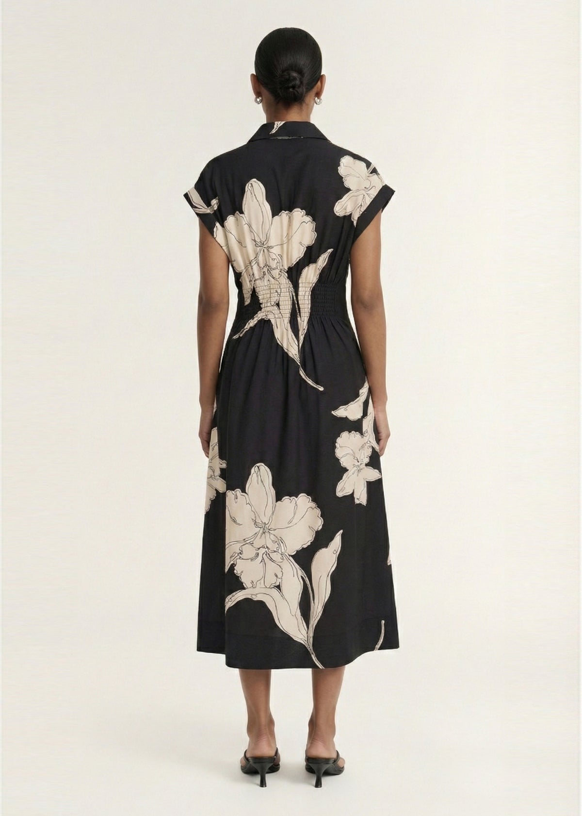 Back view of the Sketched Floral Midi Shirt Dress, showing a concealed button front closure and a shirred back panel.
