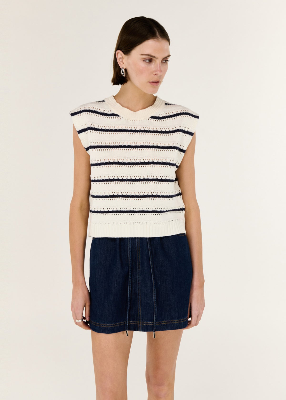 Close-up of Striped Cotton Blend Knit Tank with a sleeveless cut.