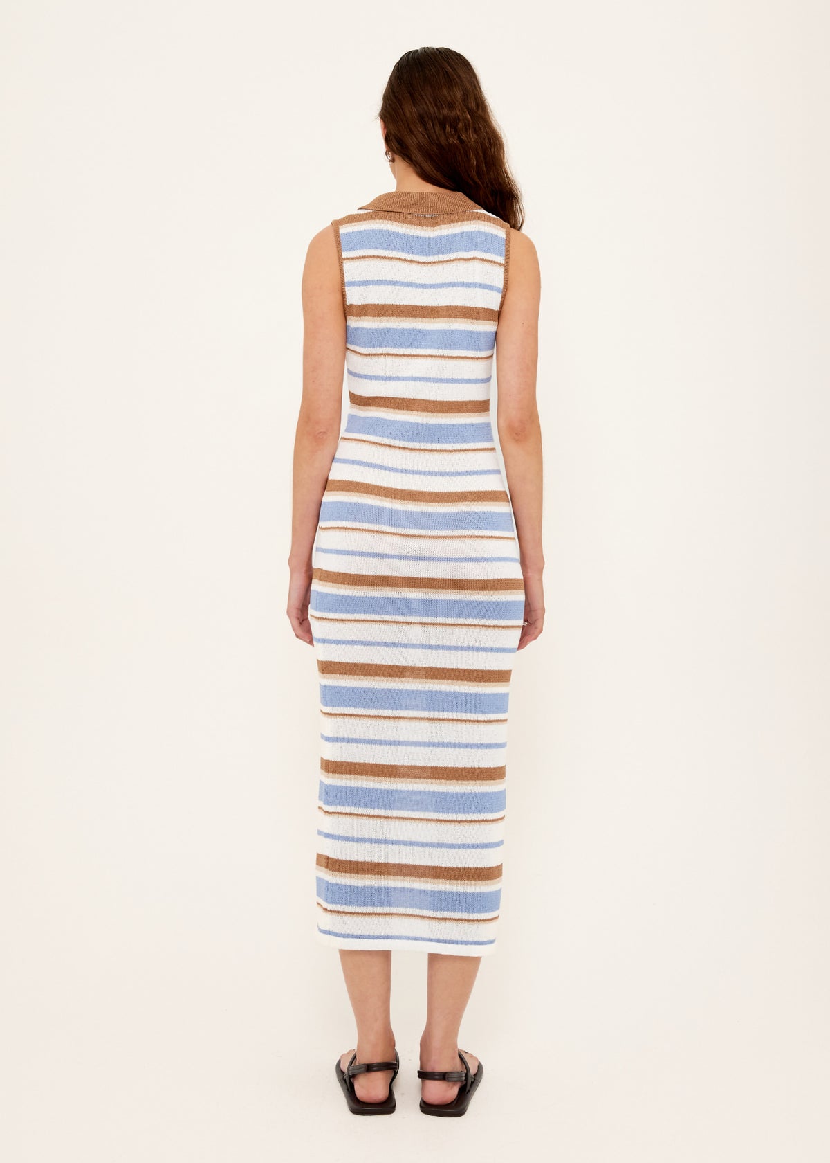 Back view of the Striped Knit Midi Dress, showing a sleeveless fitted midi silhouette and a contrast collar with V-neckline.