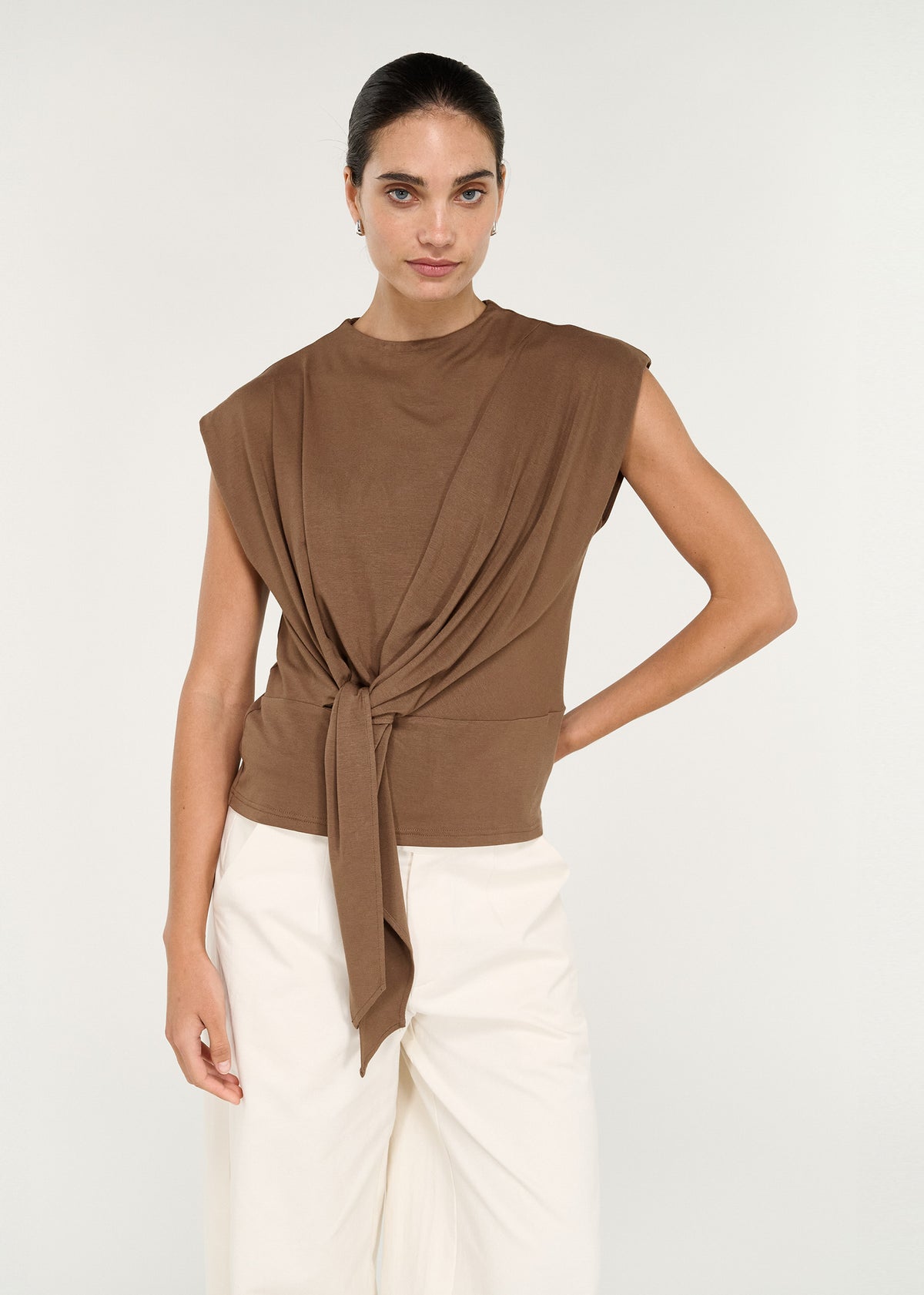 Draped Cotton Jersey Top in Mocha worn by a model, featuring a relaxed fit and draped tie detail.