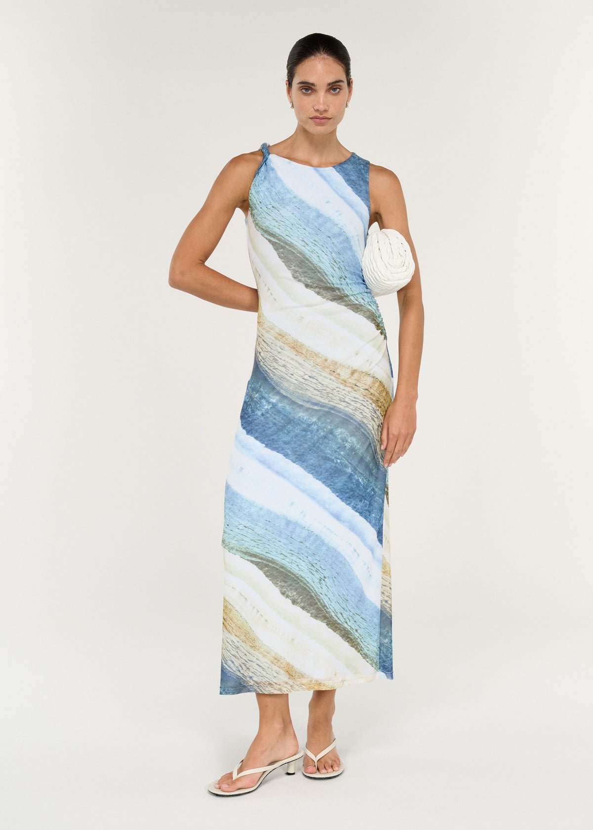Twist Detail Mesh Midi Dress in Ocean Tide showcased on model, featuring abstract coastal-inspired print in blue and neutral tones.
