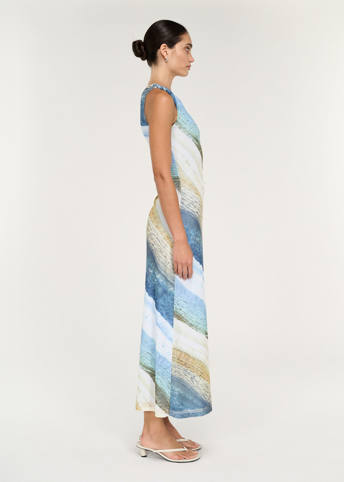 Twist Detail Mesh Midi Dress in Ocean Tide displayed on a model, showcasing abstract coastal-inspired print and sleek silhouette.