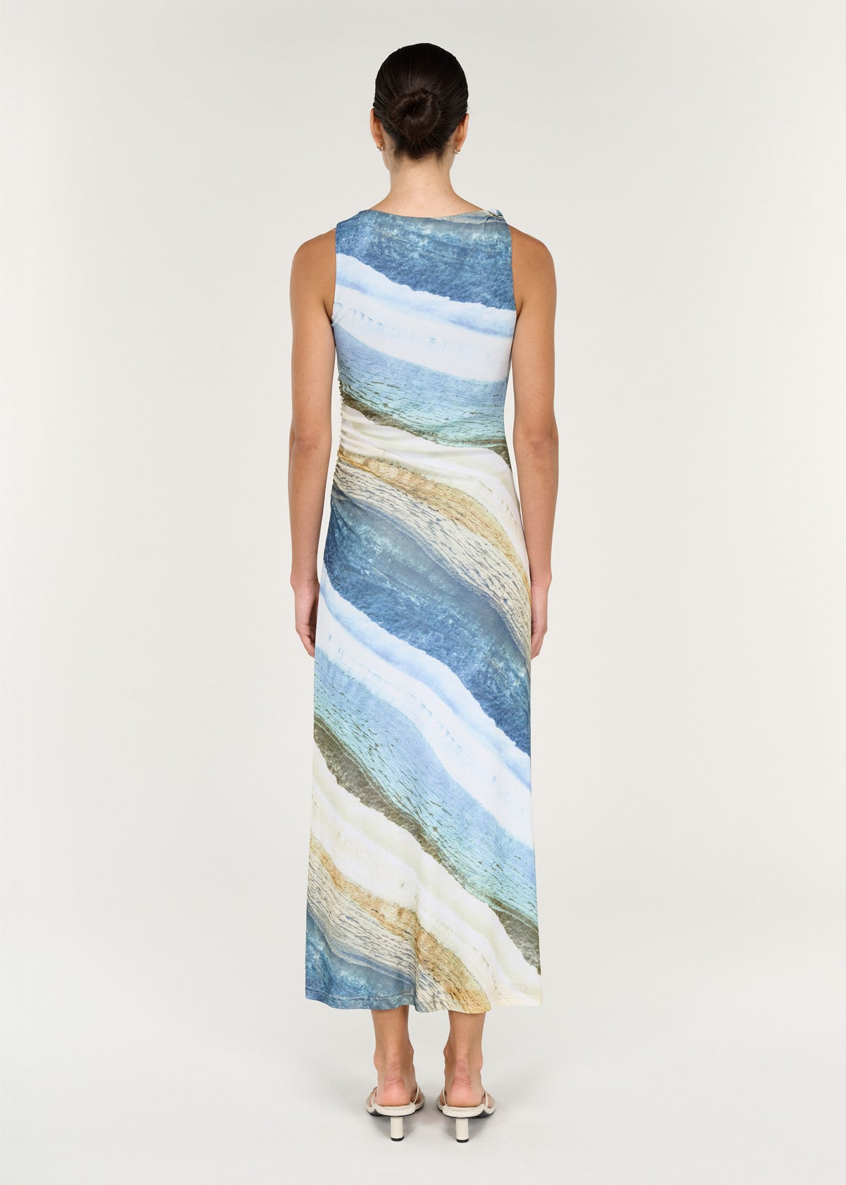 Back view of Twist Detail Mesh Midi Dress in Ocean Tide, showcasing abstract coastal-inspired print in soft stretch mesh.